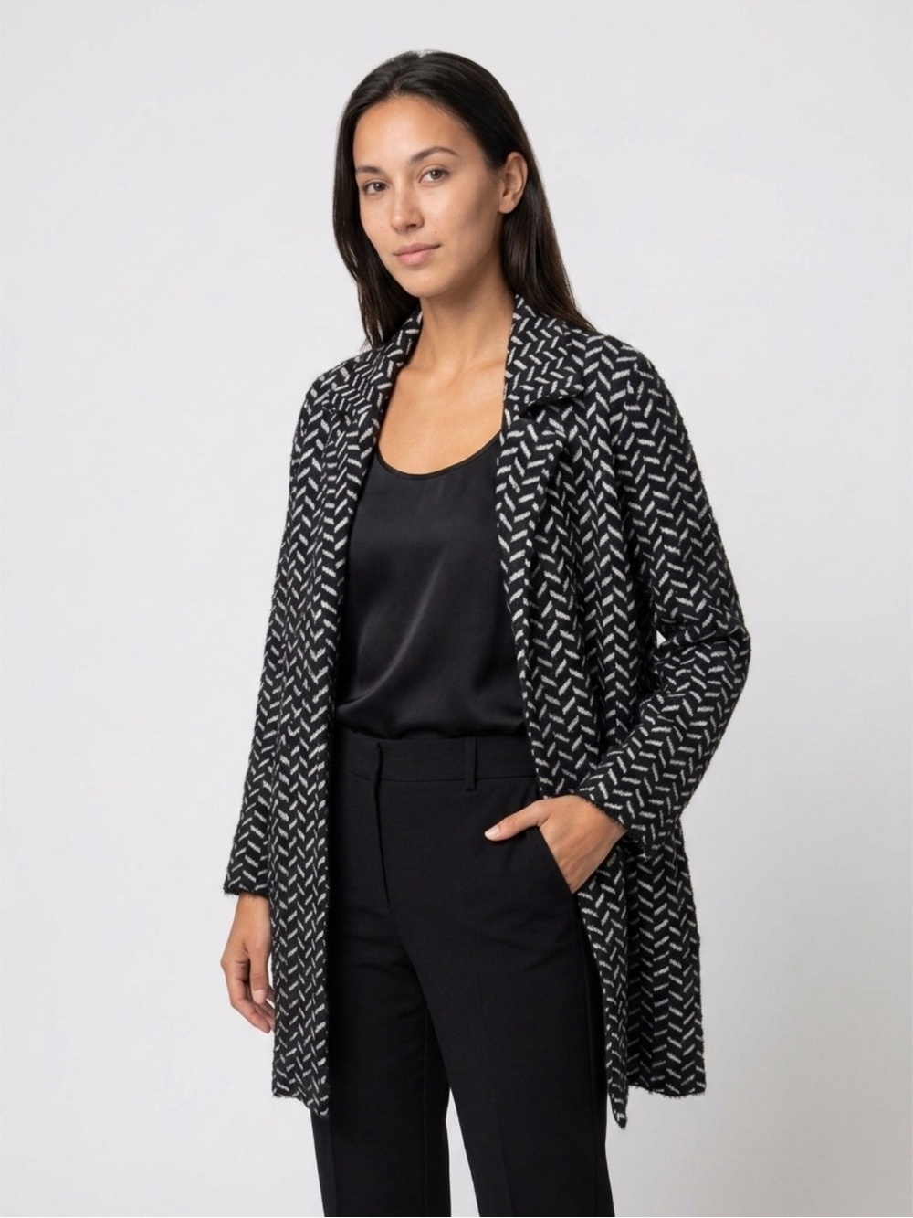 Liverpool Extremely Soft Black & White Patterned Open-Front Sweater Jacket XS